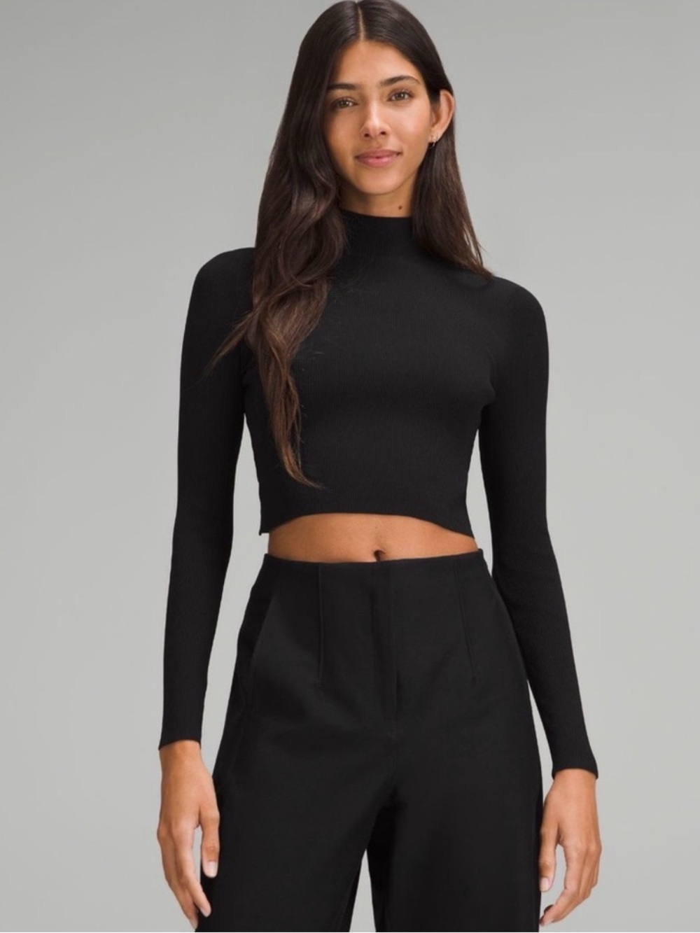 lululemon Black Ribbed Mock-Neck Long-Sleeve Crop Top